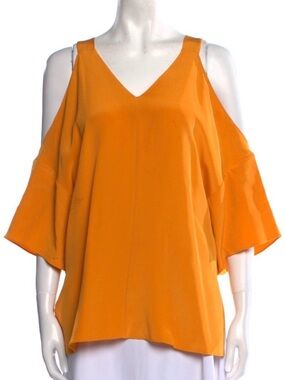 Tibi Silk Orange Cold-Shoulder V-Neck Shirt